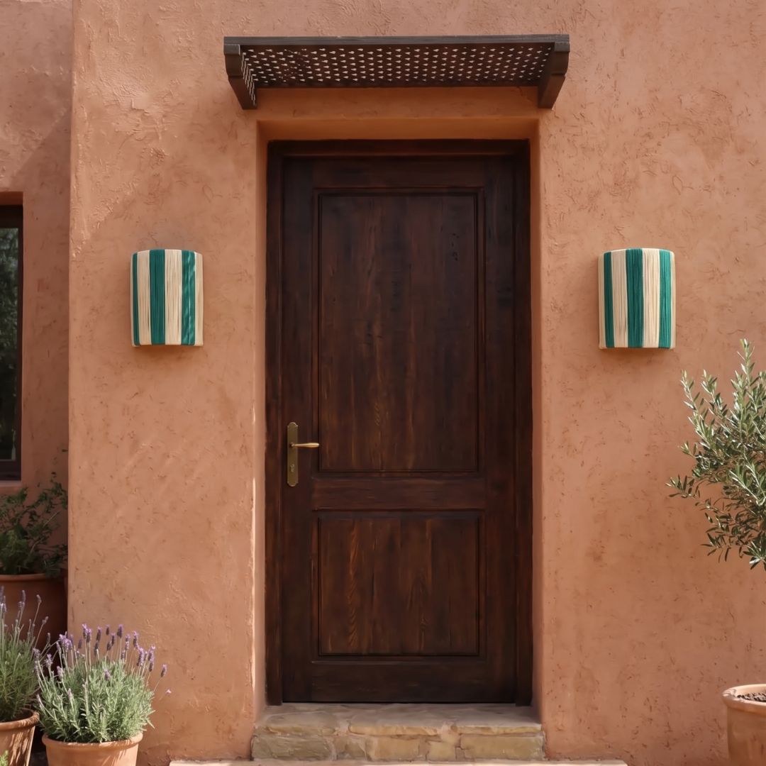 Striped Raffia Sconce – Emerald & Natural Woven Wall Light