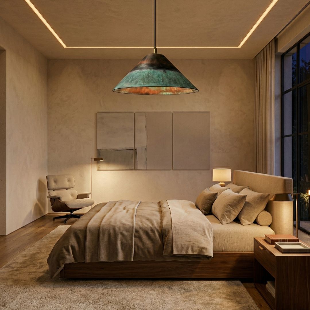 Artisan Hammered Copper Pendant – Verdigris Patina Edition