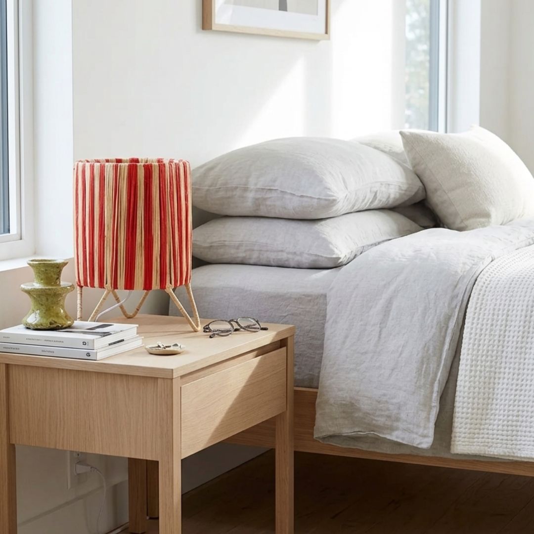 Striped Raffia Table Lamp – Woven Cylinder Tabletop Light