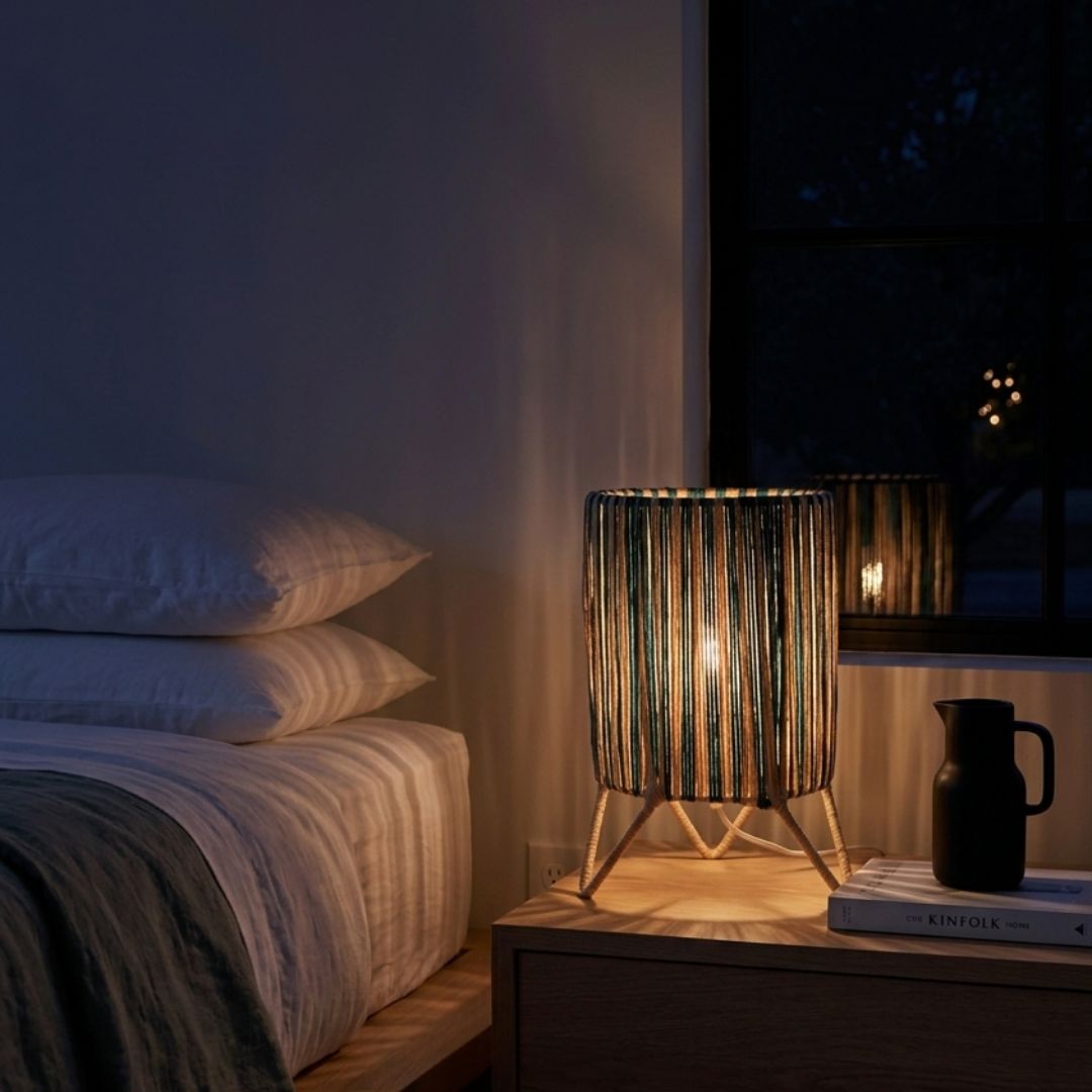 Striped Raffia Table Lamp – Teal & Cream Woven Cylinder Light
