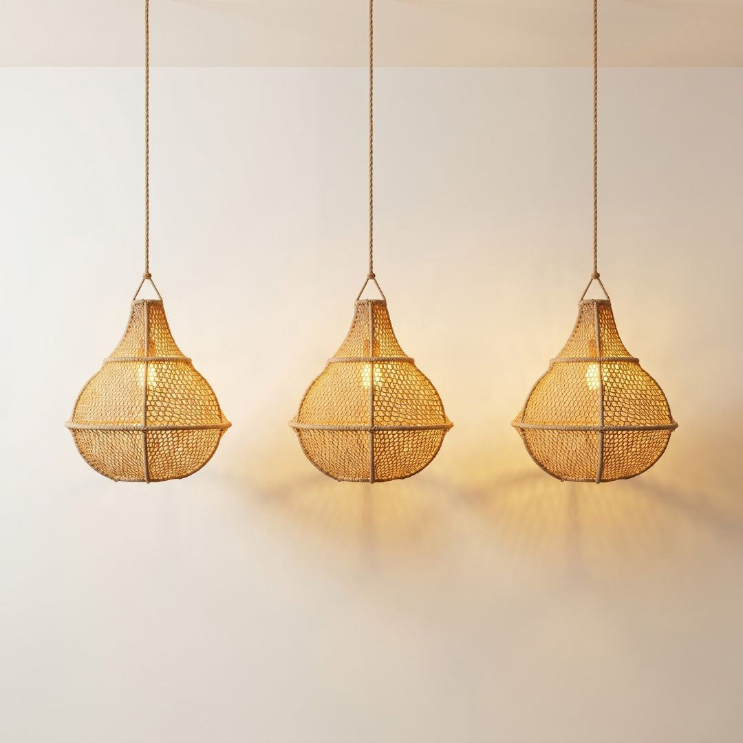 Artisanal Woven Raffia Teardrop Pendant Light