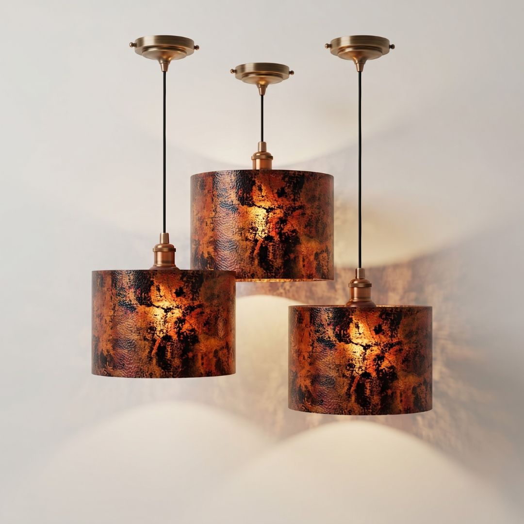 Artisan Oxidized Copper Drum Pendant Light | Hammered Patina