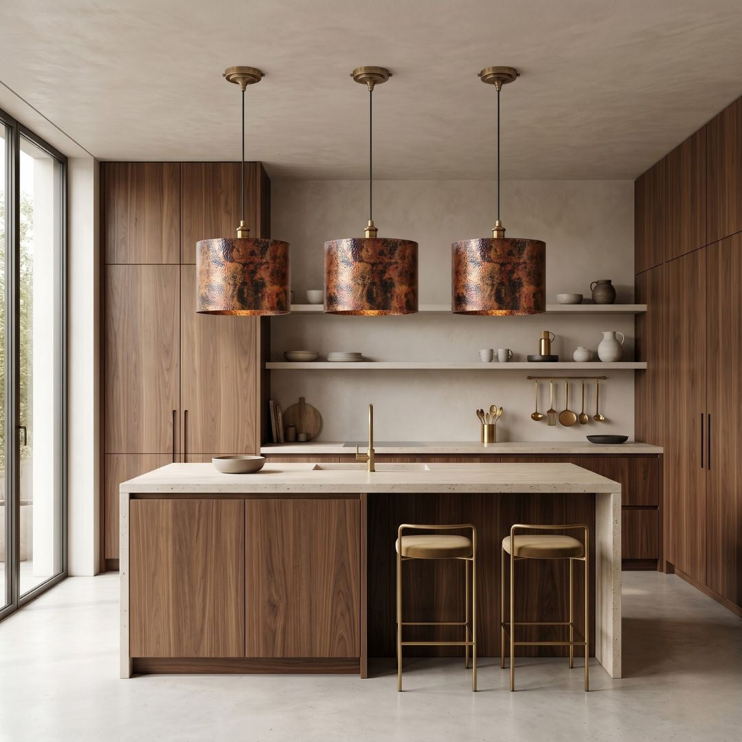 Artisan Oxidized Copper Drum Pendant Light | Hammered Patina