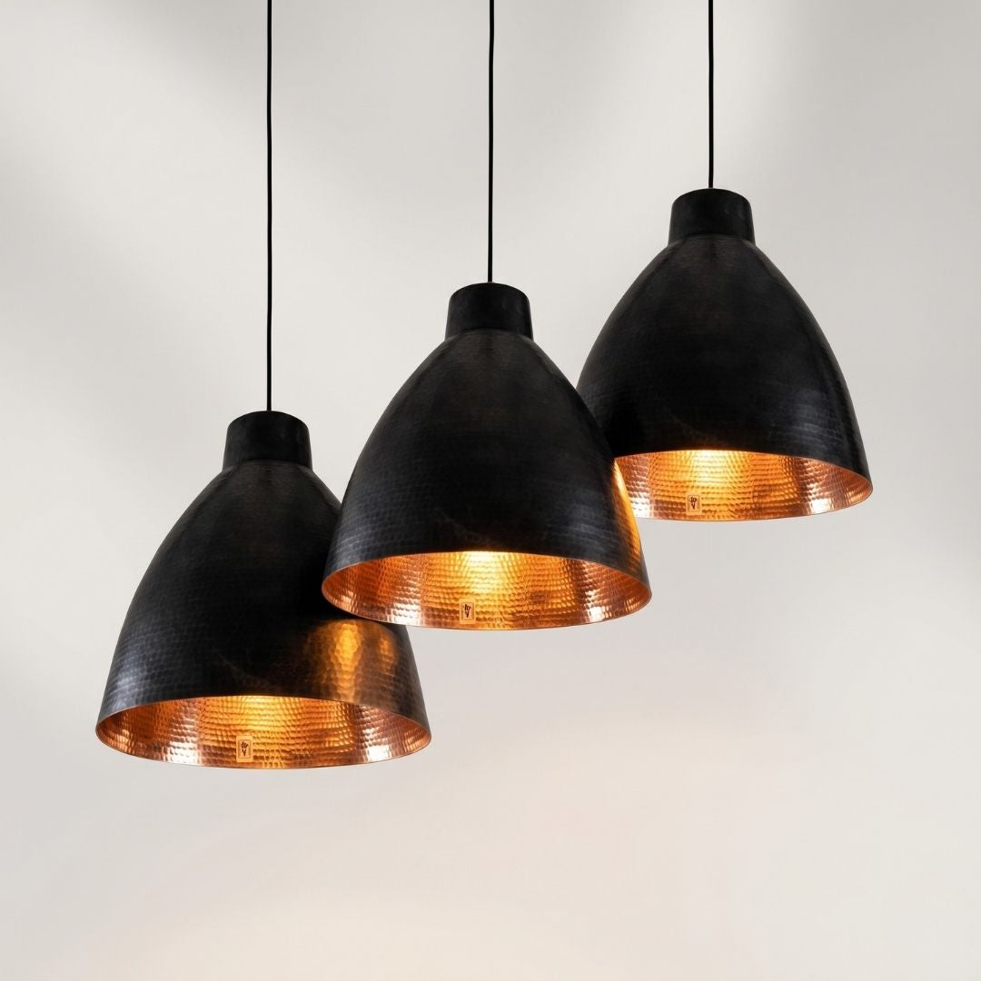 Hand-Hammered Black & Copper Dome Pendant Light