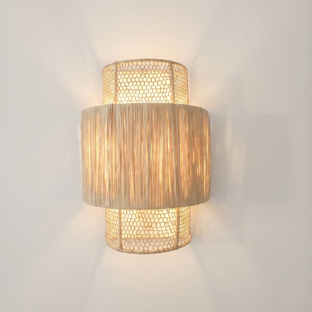 Artisanal Raffia Sconce – Two-Tier Woven Wall Light