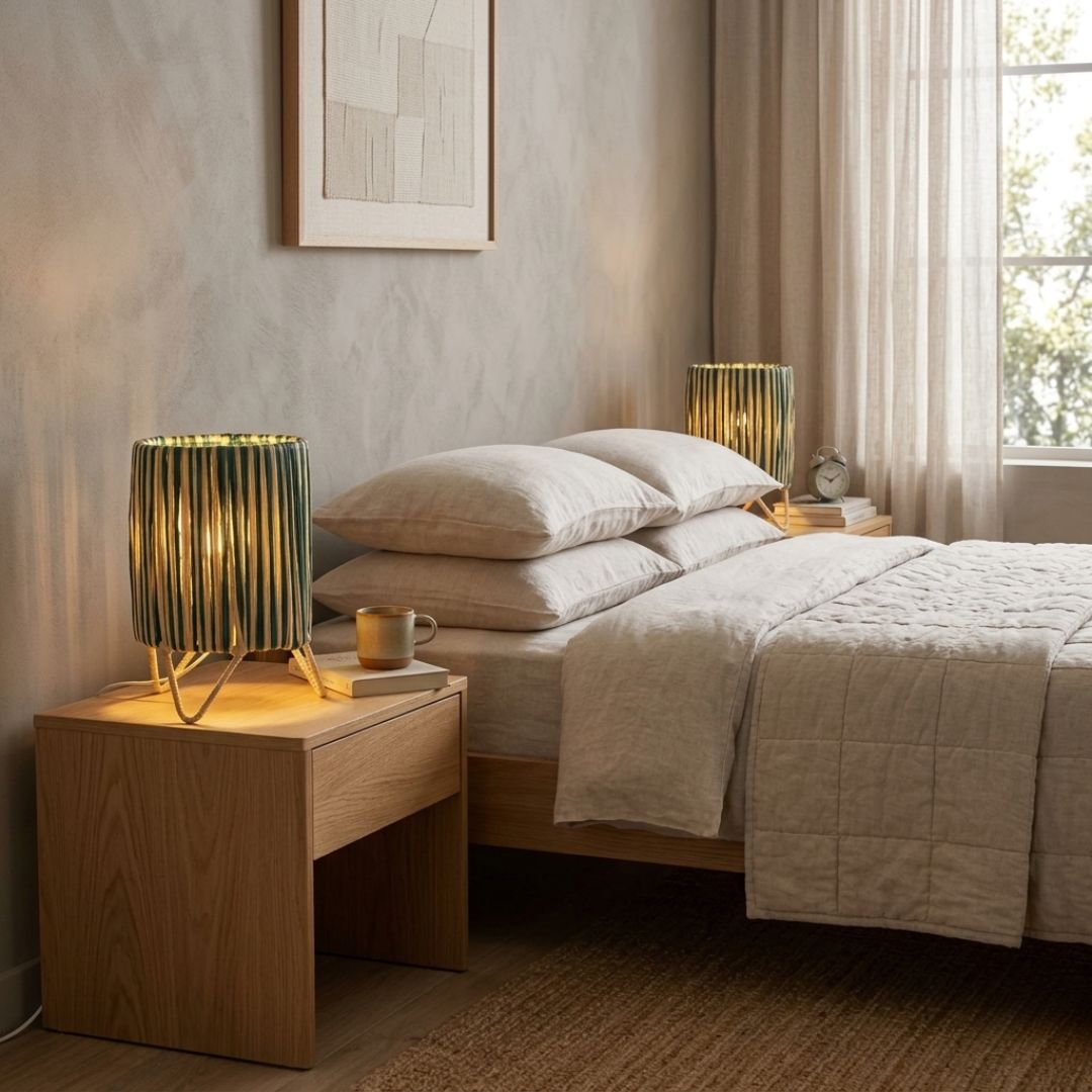 Striped Raffia Table Lamp – Teal & Cream Woven Cylinder Light