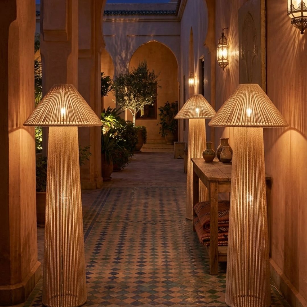 Alabaster Raffia Floor Lamp – Minimalist Woven Cord Standing Light