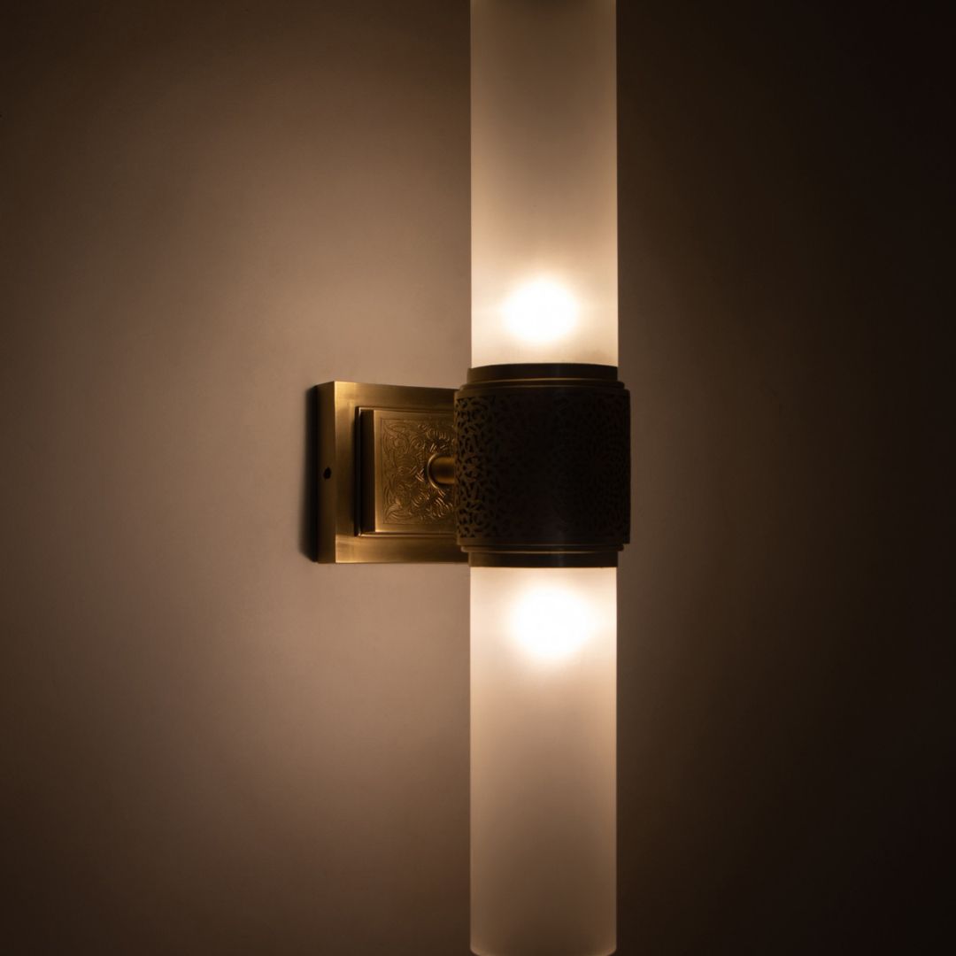 Hand-Etched Brass & Frosted Glass Pillar Sconce