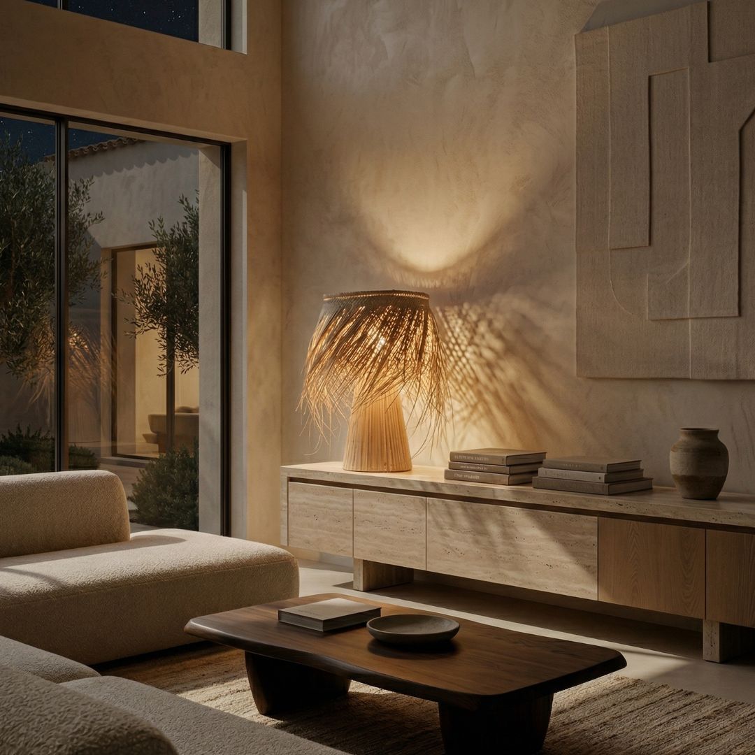 Hand-Woven Raffia Pedestal Table Lamp