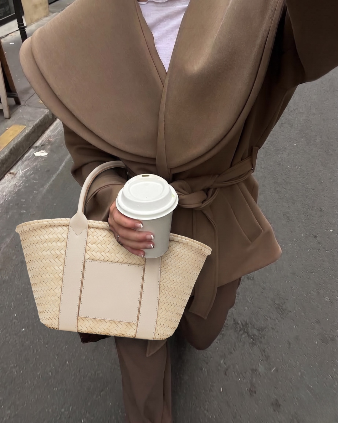 Hand-Woven Leather-Trimmed Tote in Cream