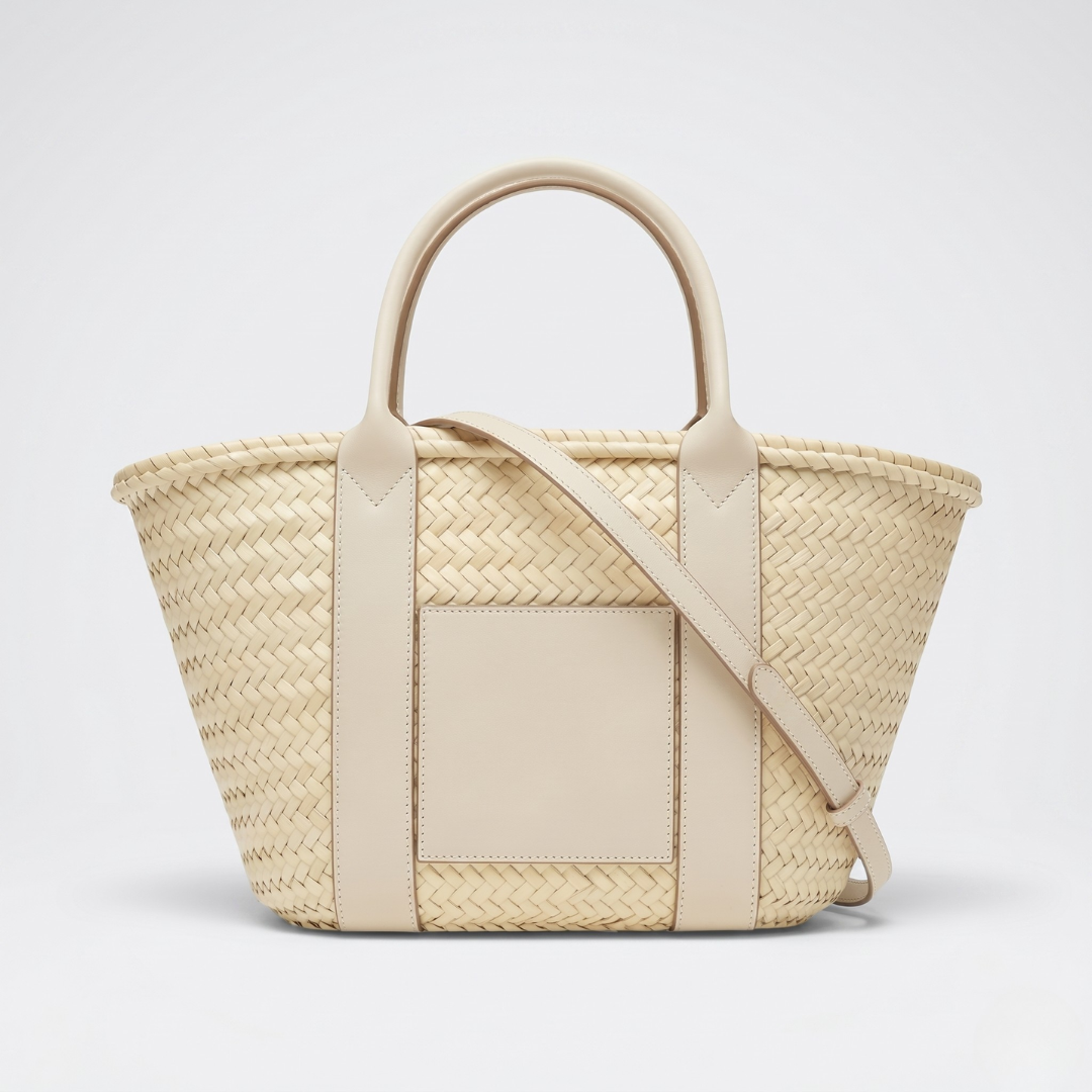 Hand-Woven Leather-Trimmed Tote in Cream
