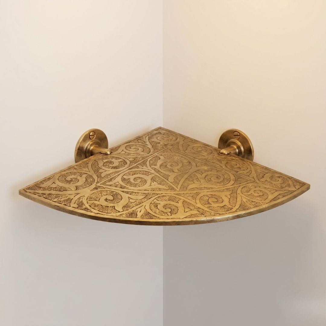 Hand-Etched Arabesque Solid Brass Corner Shelf