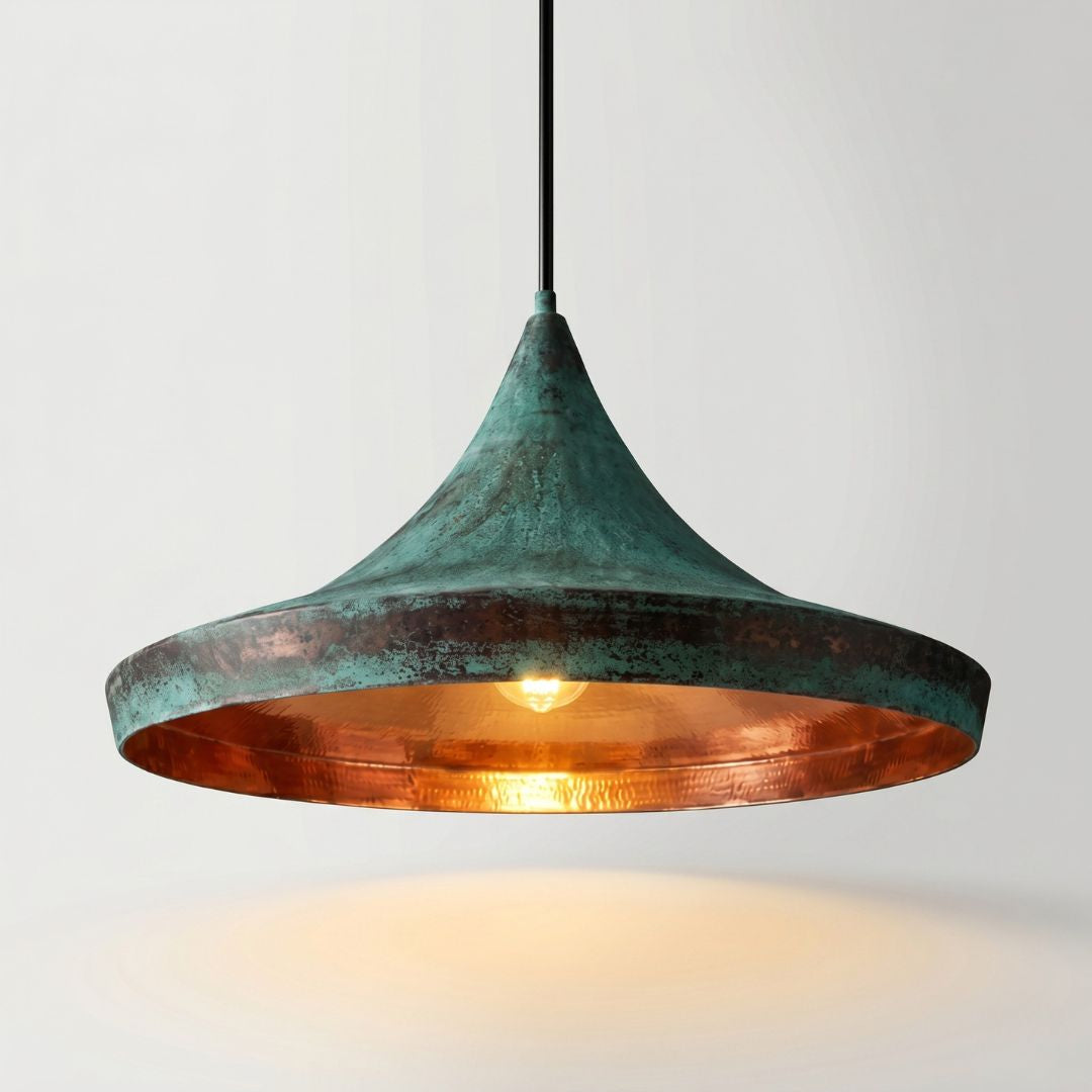 Verdigris Patina and Hammered Copper Pendant Light