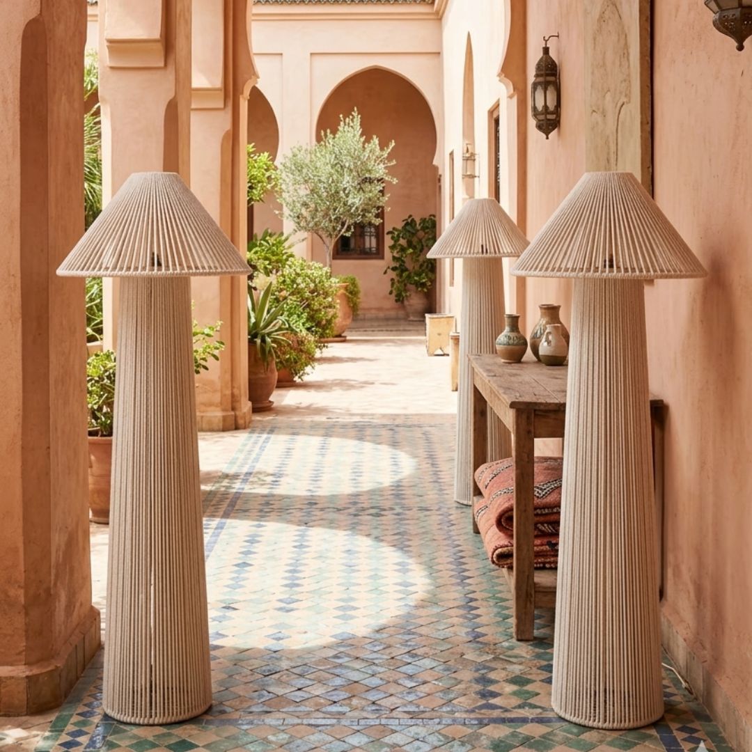 Alabaster Raffia Floor Lamp – Minimalist Woven Cord Standing Light