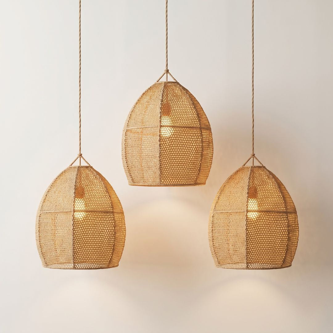 Artisanal Woven Raffia Dome Pendant Light