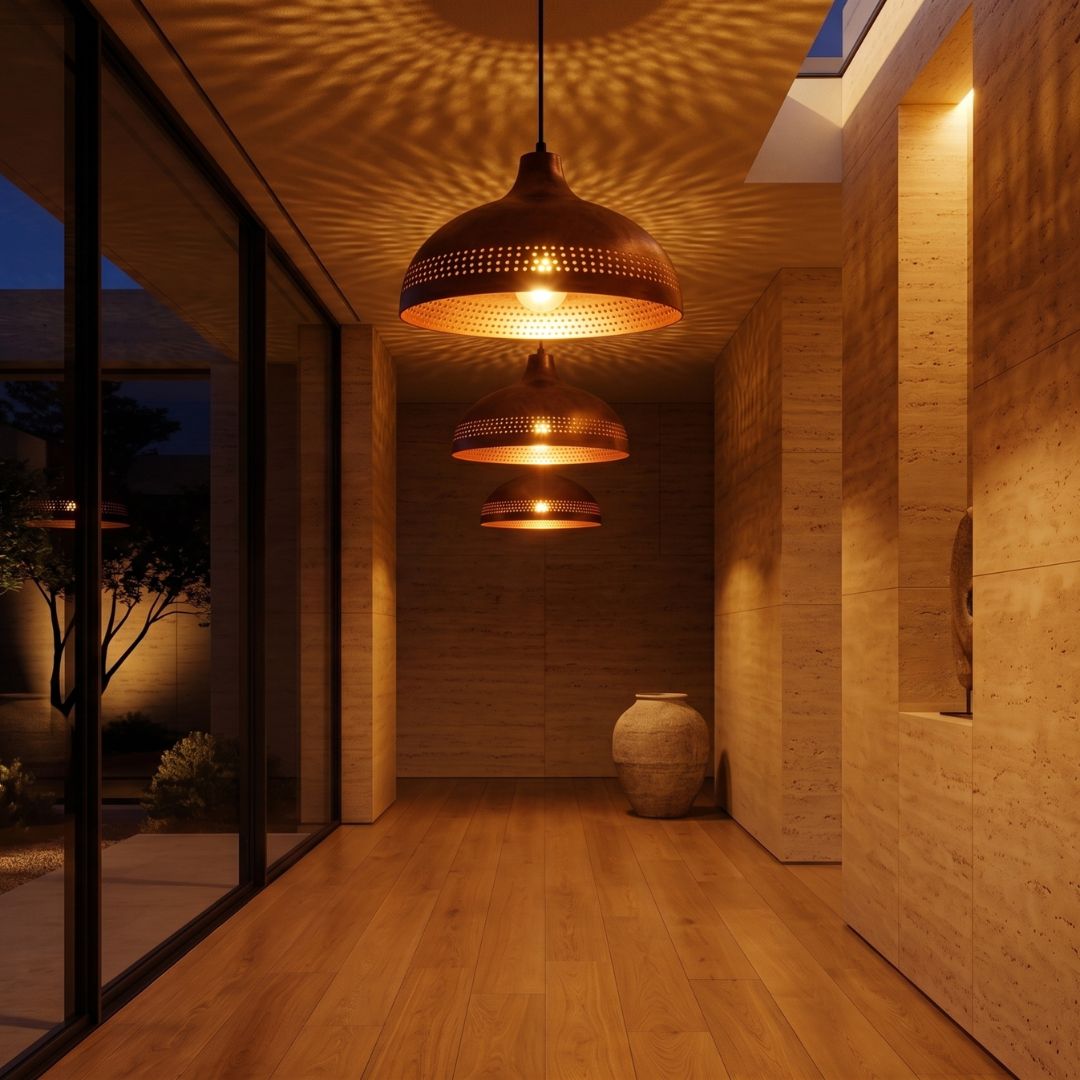 "Stardust" Perforated Copper Pendant – Aged Bronze Dome