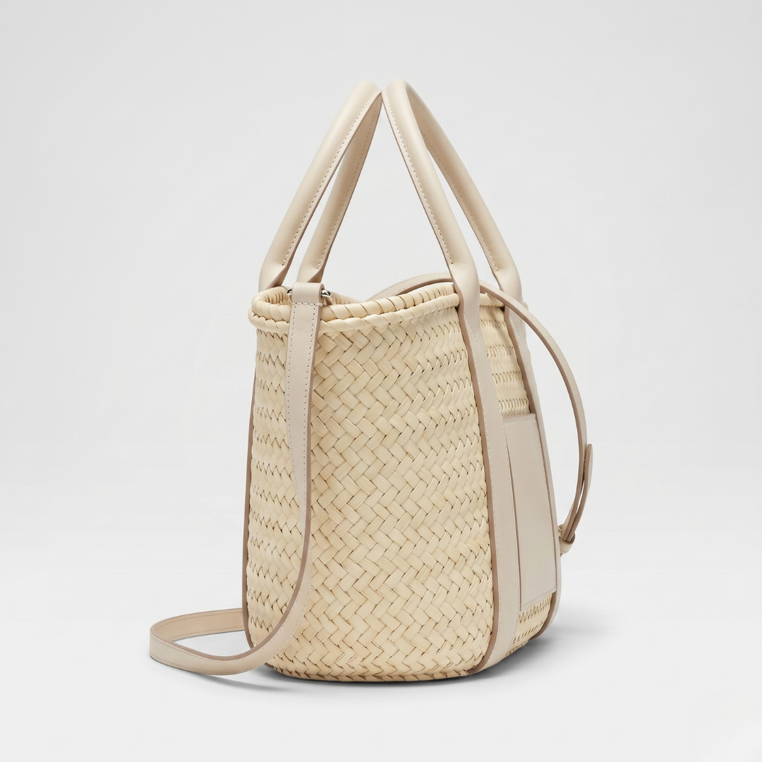 Hand-Woven Leather-Trimmed Tote in Cream