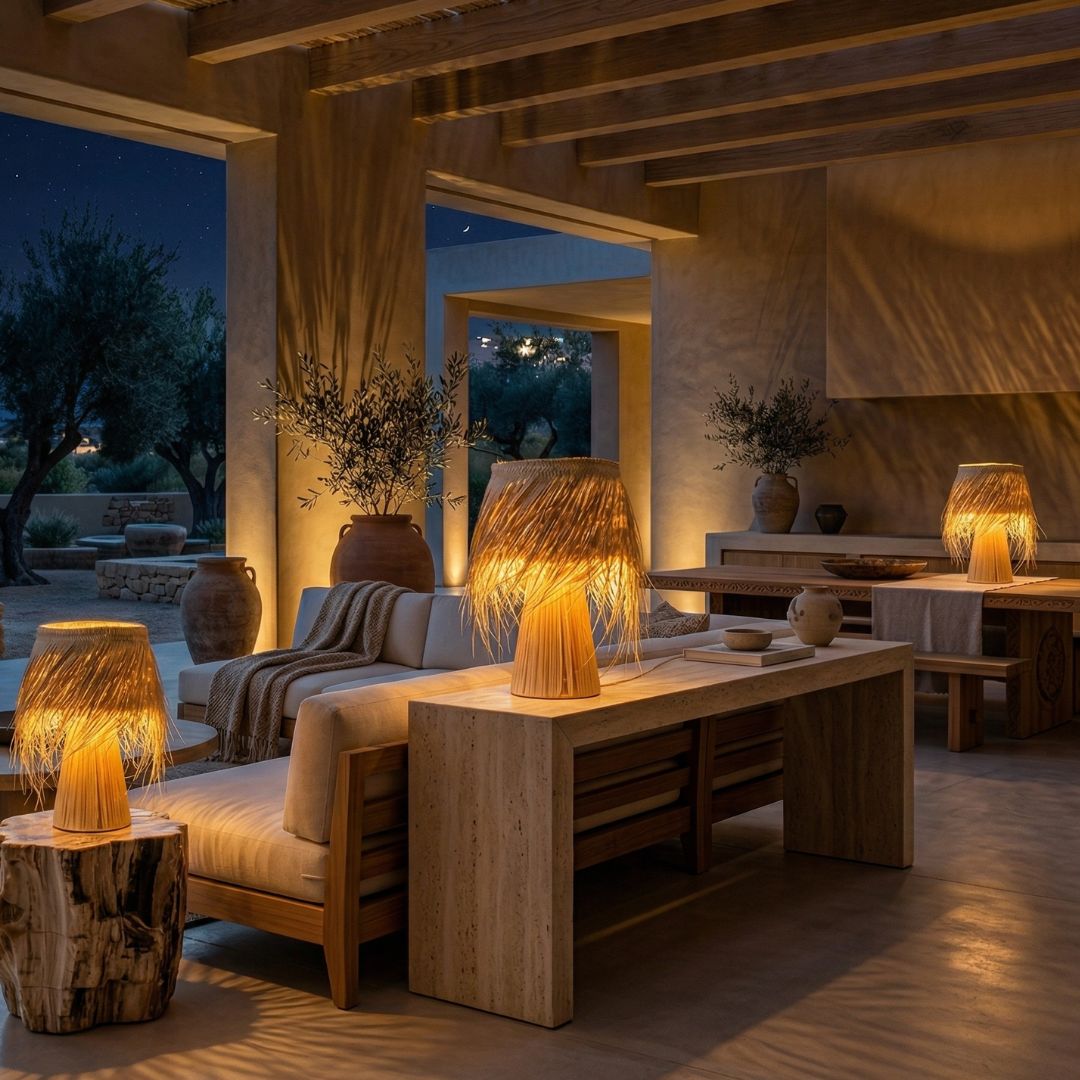 Hand-Woven Raffia Pedestal Table Lamp
