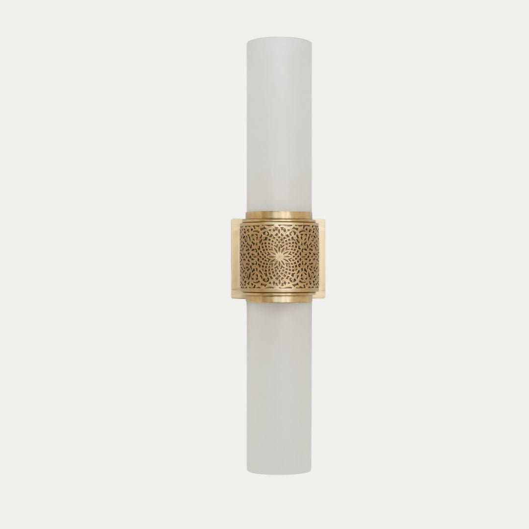 Hand-Etched Brass & Frosted Glass Pillar Sconce