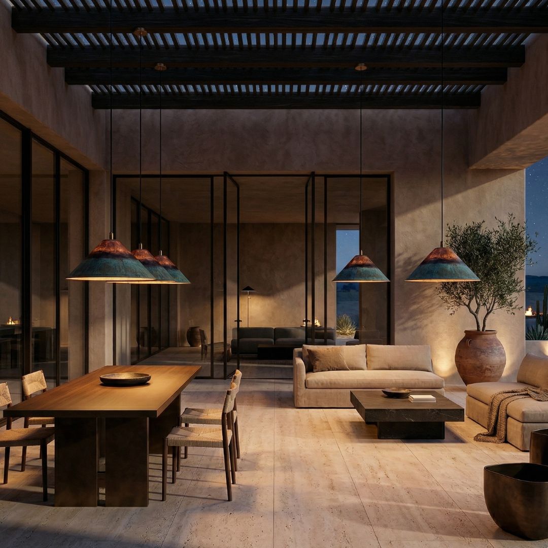 Artisan Hammered Copper Pendant – Verdigris Patina Edition