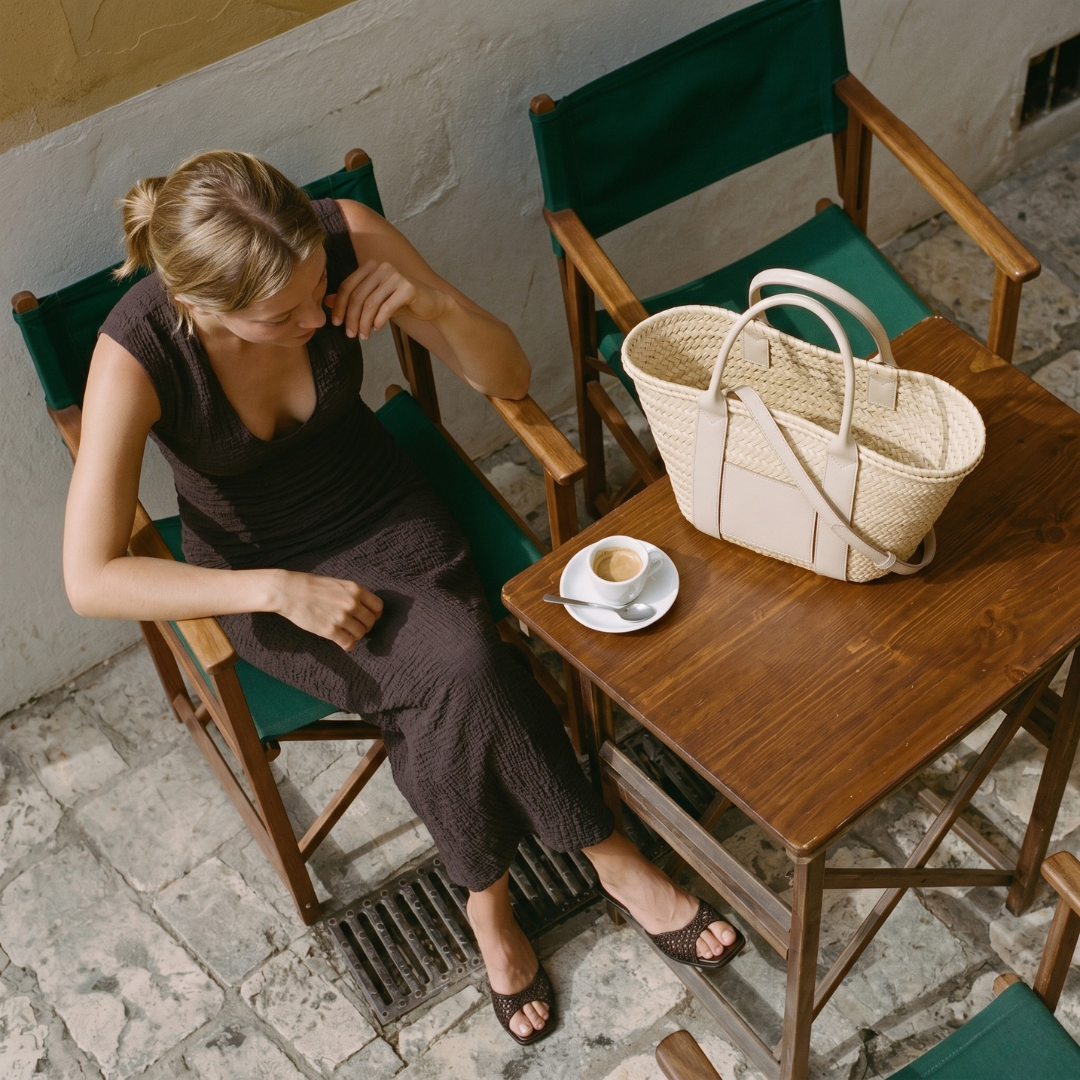 Hand-Woven Leather-Trimmed Tote in Cream