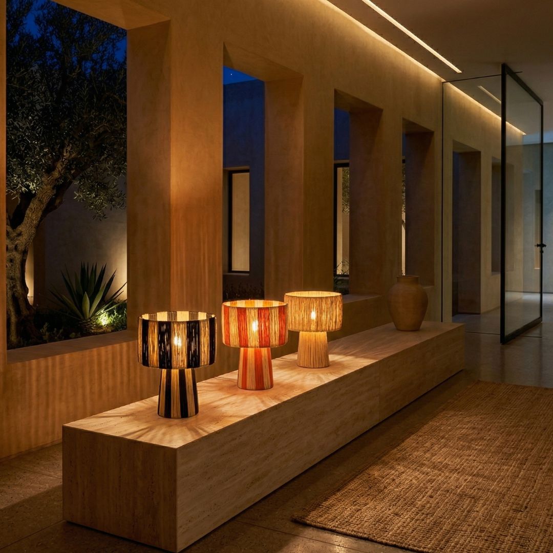 Hand-Woven Raffia Pedestal Table Lamp