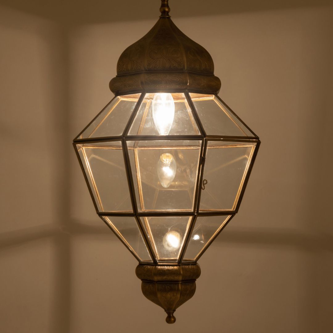 Niama : Hand-Etched Moroccan Brass & Clear Glass Lantern