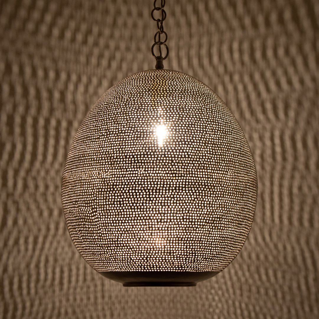 Hala : Hand-Pierced Silver Ovoid Pendant Light