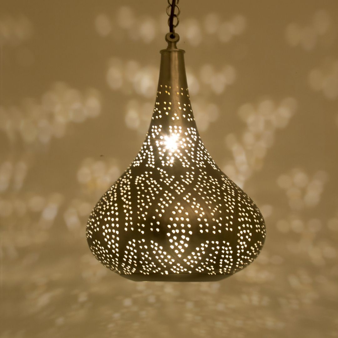 Fatema : Hand-Etched Moroccan Brass Teardrop Pendant Light