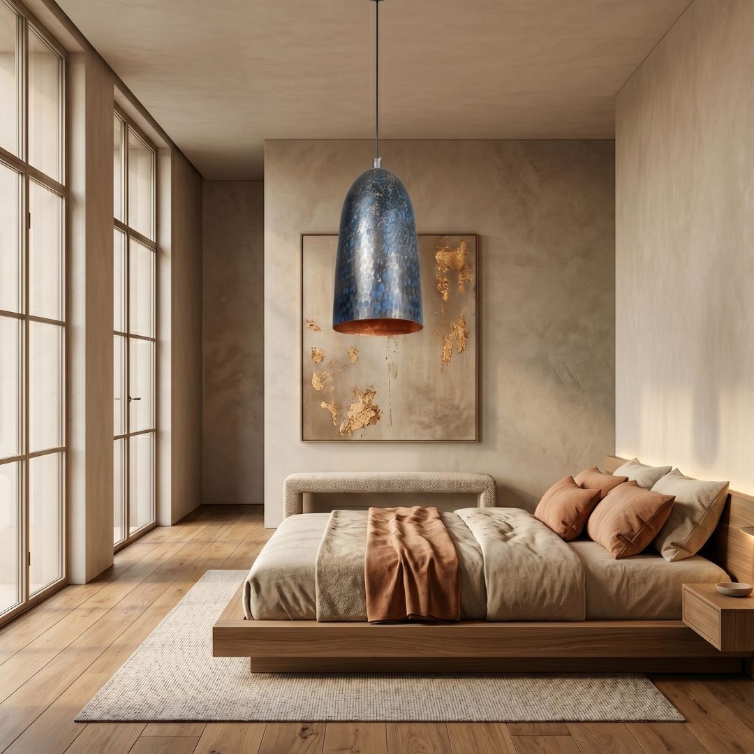Hammered Copper Pendant Lamp – Azure Blue Patina Finish