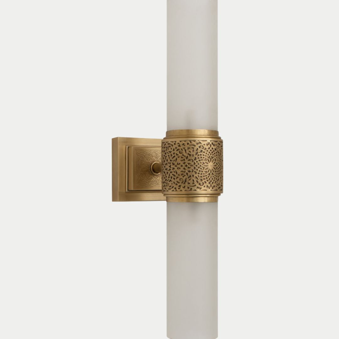 Hand-Etched Brass & Frosted Glass Pillar Sconce
