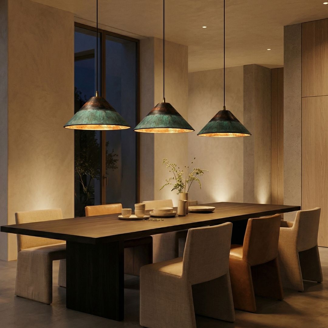 Artisan Hammered Copper Pendant – Verdigris Patina Edition