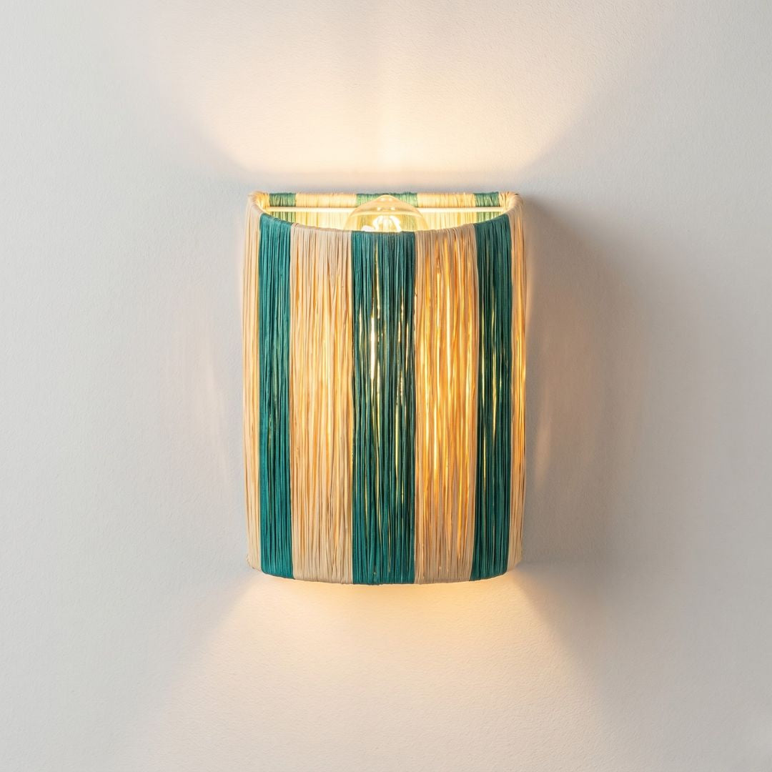 Striped Raffia Sconce – Emerald & Natural Woven Wall Light