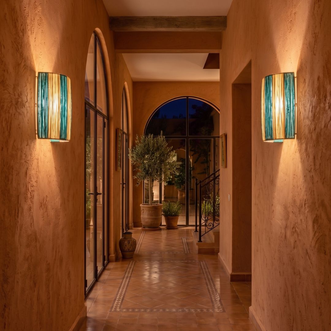Striped Raffia Sconce – Emerald & Natural Woven Wall Light