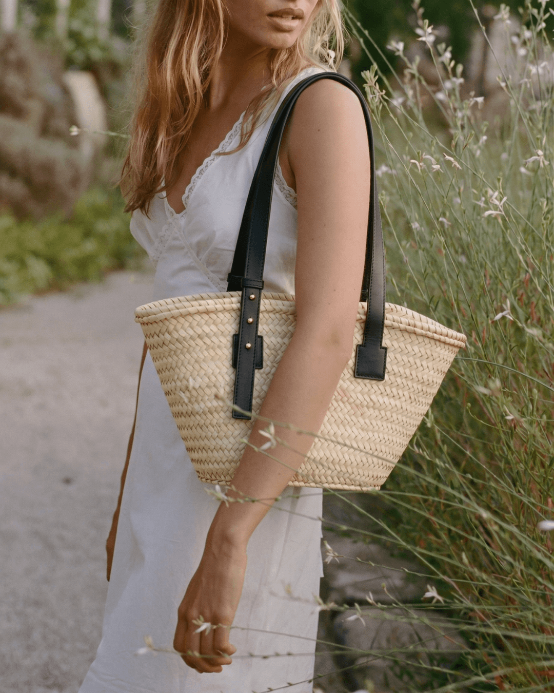 Authentic Moroccan Palm Leaf Market Basket | Black leather