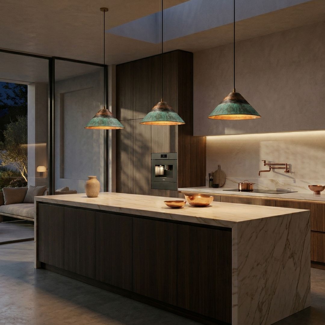 Artisan Hammered Copper Pendant – Verdigris Patina Edition