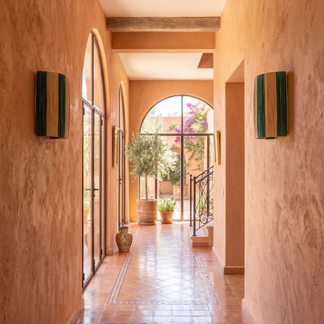 Striped Raffia Sconce – Emerald & Natural Woven Wall Light