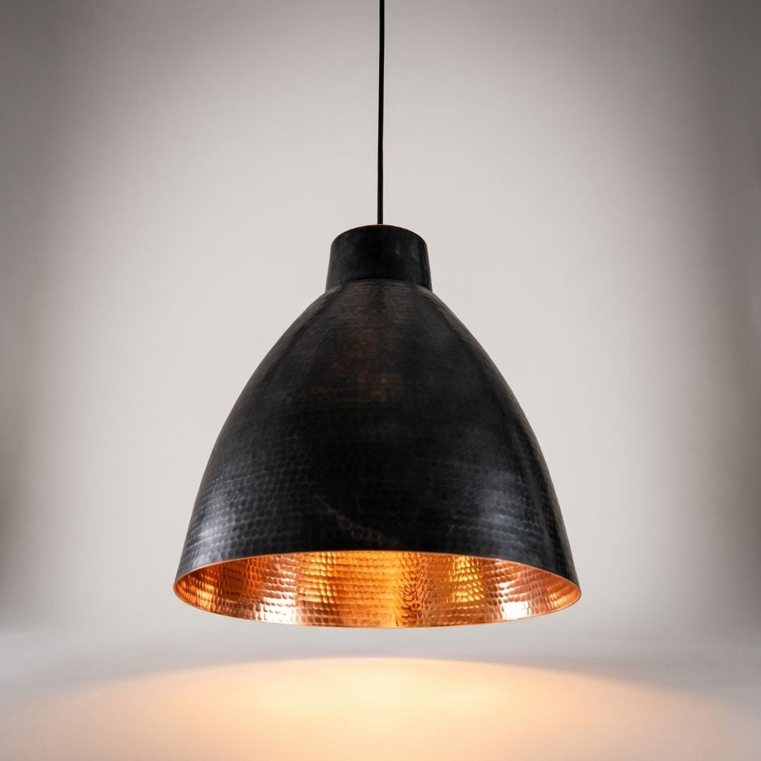 Hand-Hammered Black & Copper Dome Pendant Light