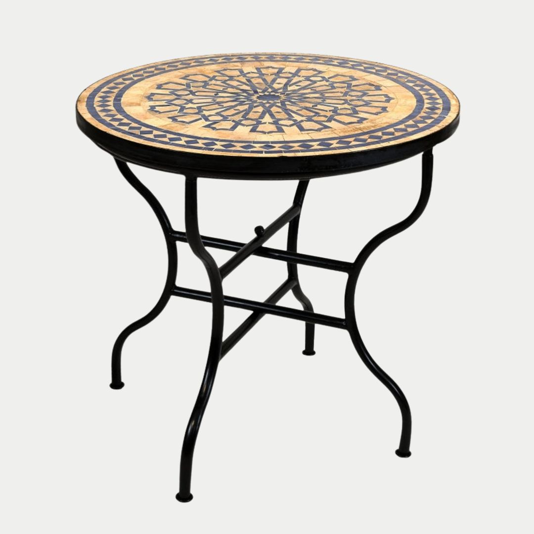 Amud - Handcrafted Moroccan Zellige Mosaic Tile Table – Blue Antique Outdoor Tiled Garden Table, Handmade Dining Table, or Coffee Table