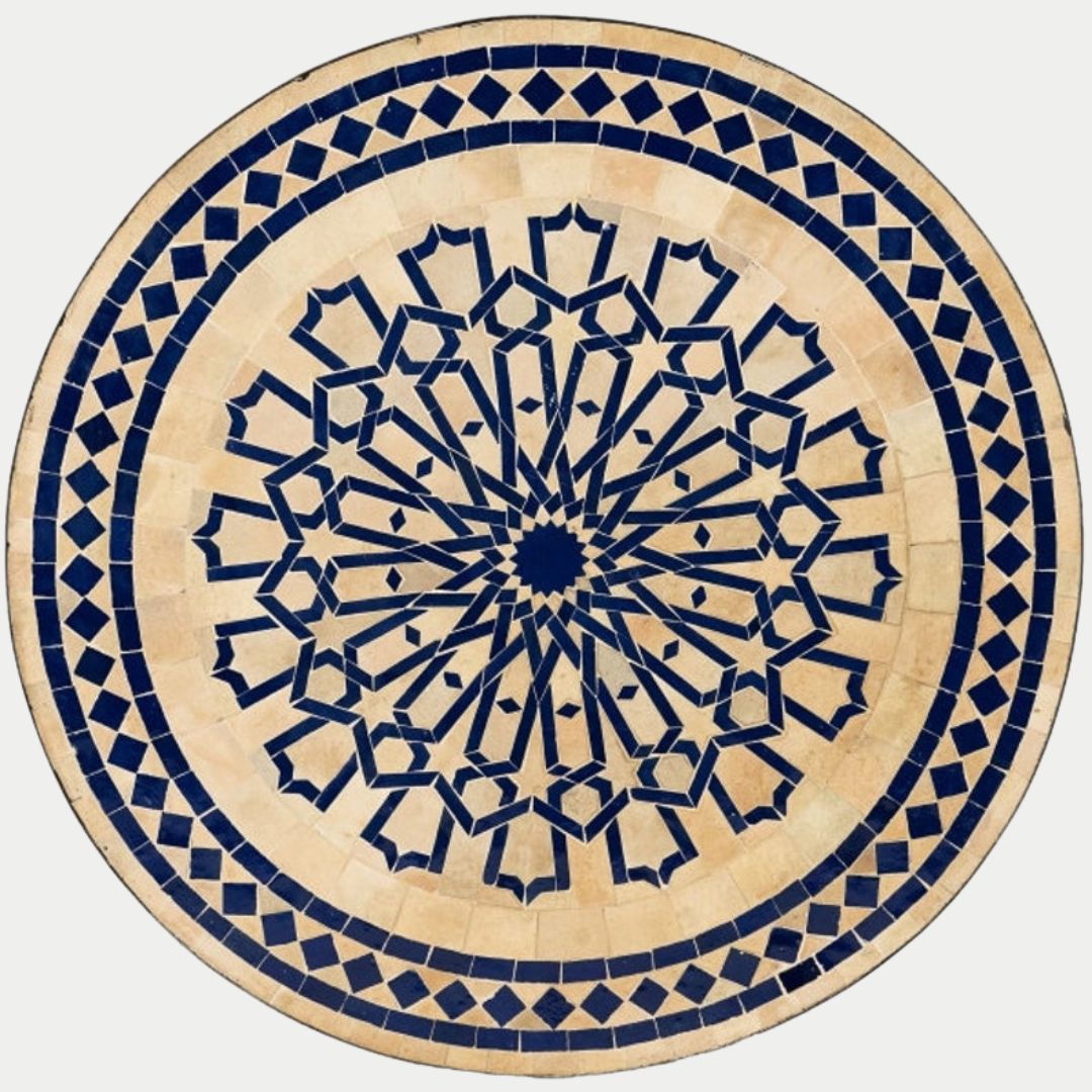 Amud - Handcrafted Moroccan Zellige Mosaic Tile Table – Blue Antique Outdoor Tiled Garden Table, Handmade Dining Table, or Coffee Table