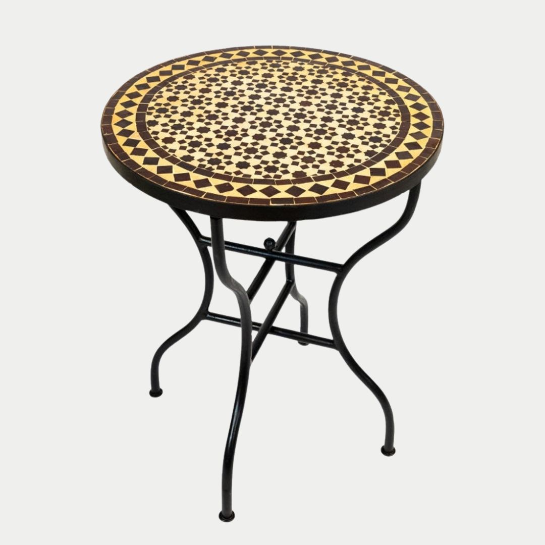 Asirem - Handcrafted Moroccan Zellige Mosaic Tile Table – Gold Antique Outdoor Tiled Garden Table, Handmade Dining Table, or Coffee Table