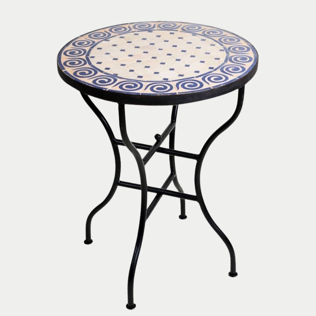 Aslal - Handcrafted Moroccan Zellige Mosaic Tile Table – Perfect Blue and natural Outdoor Tiled Garden Table, Handmade Dining Table, or Coffee Table