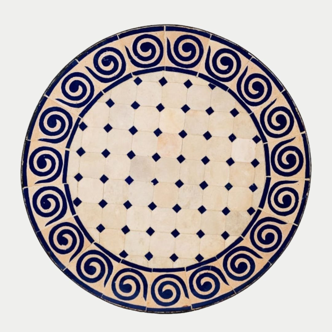 Aslal - Handcrafted Moroccan Zellige Mosaic Tile Table – Perfect Blue and natural Outdoor Tiled Garden Table, Handmade Dining Table, or Coffee Table
