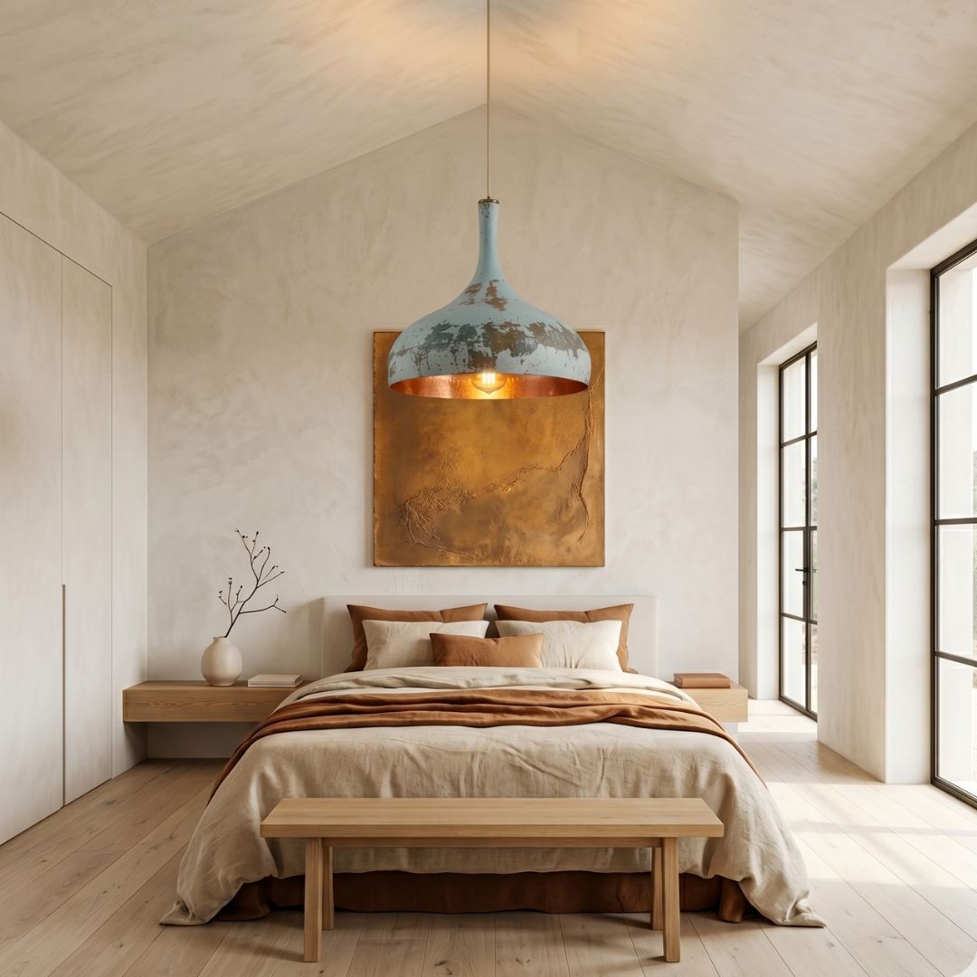 Aura Weathered Copper Pendant – Distressed Pale Turquoise & Warm Bronze