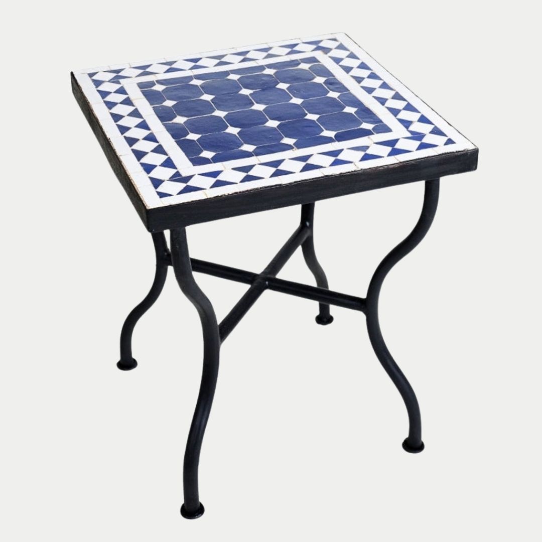 Azel - Handcrafted Moroccan Zellige Mosaic Tile Table – blue Antique Outdoor Tiled Garden Table, Handmade Dining Table, or Coffee Table