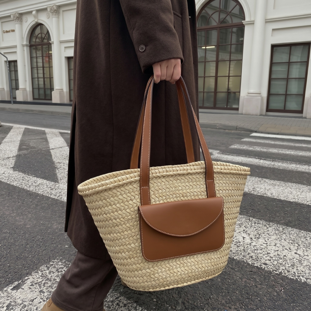 Artisanal Woven Tote with Cognac Leather Flap Pouch