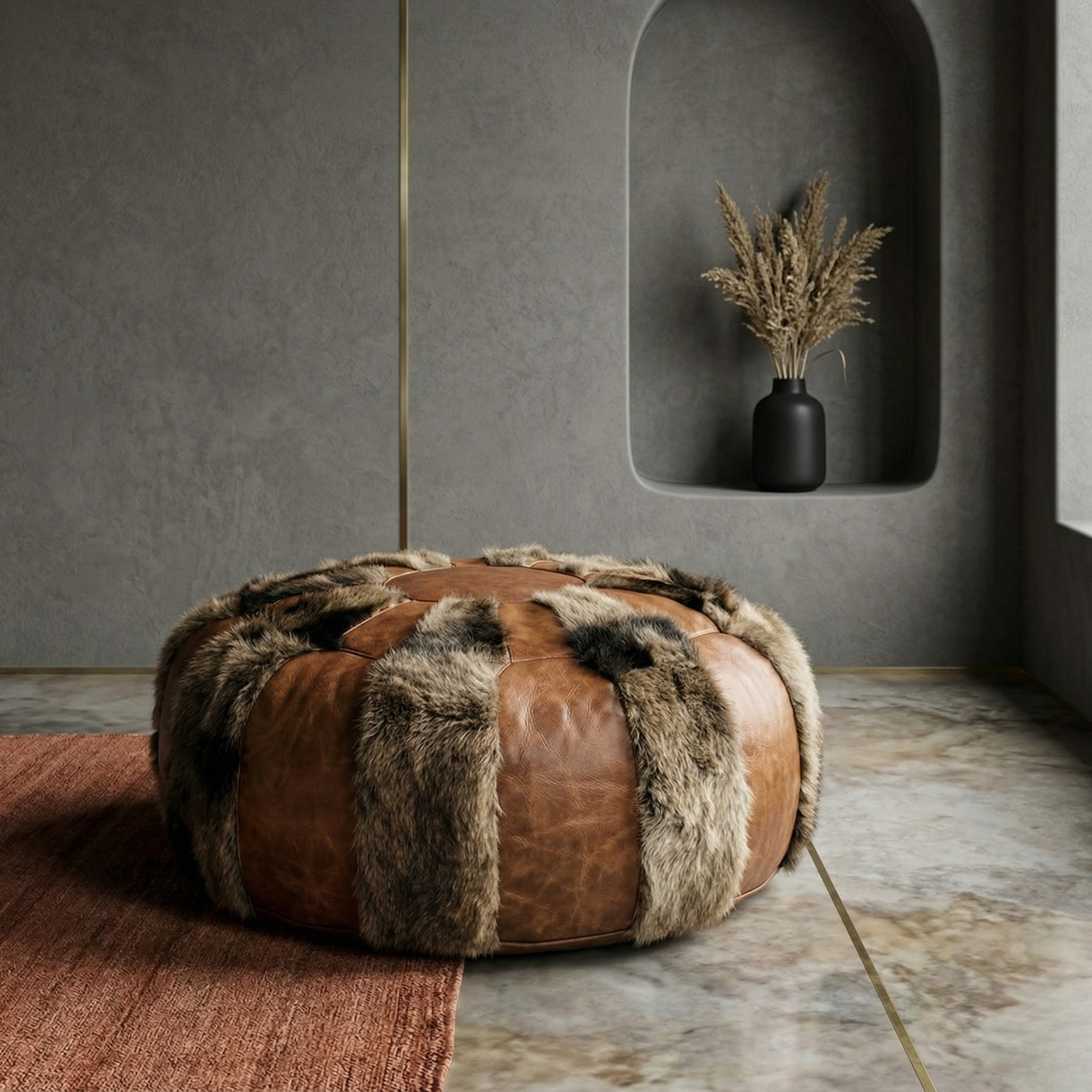 Goat skin Leather Pouf Brown