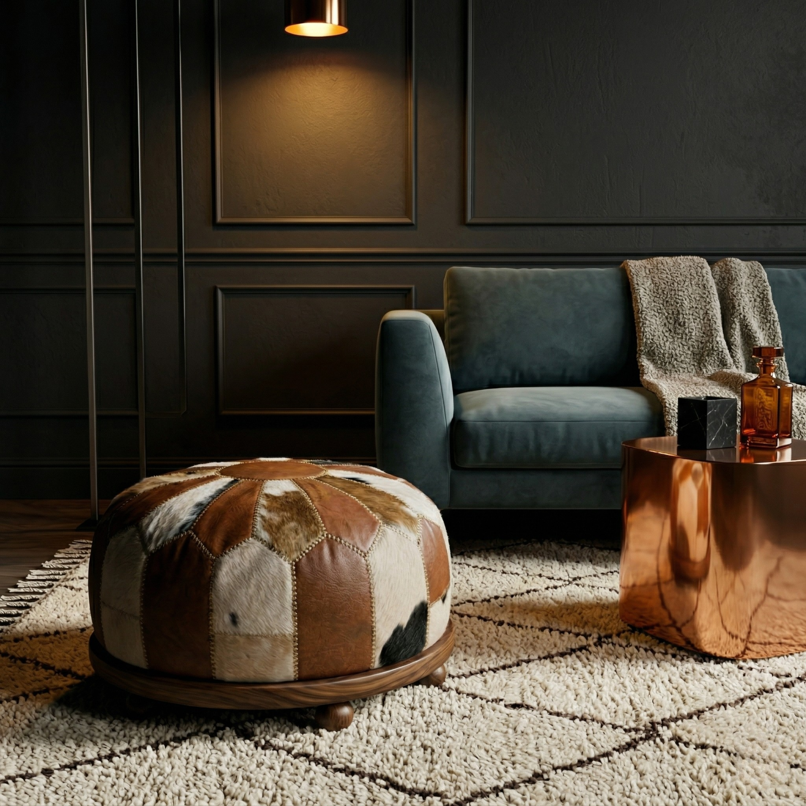 Goat skin Leather Pouf Brown and White