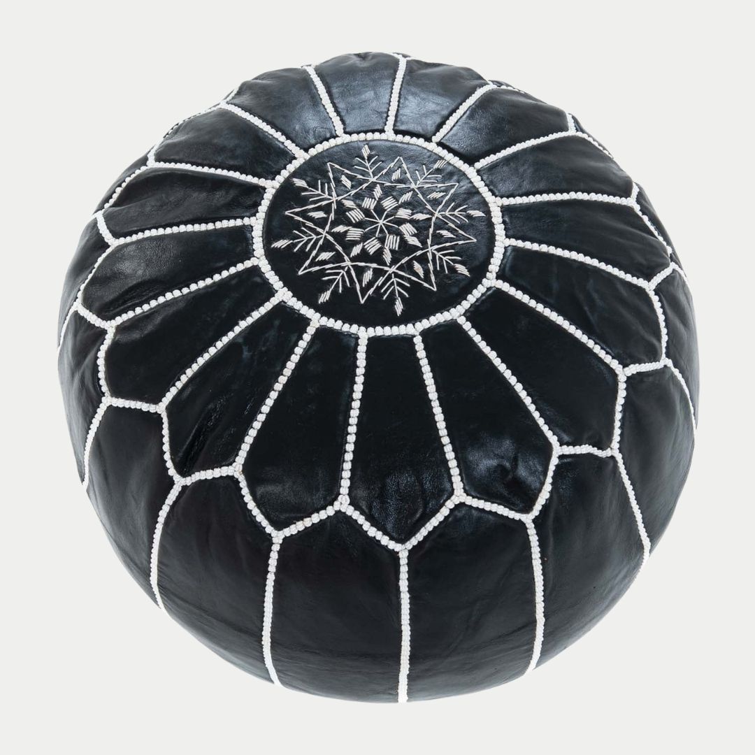 Handmade Moroccan Black and White Leather Pouf