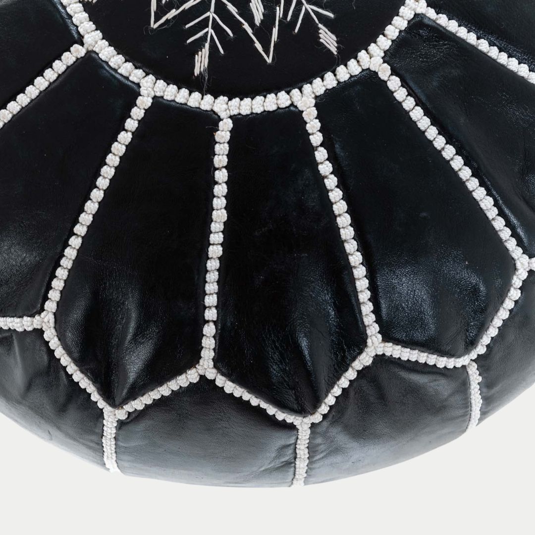 Handmade Moroccan Black and White Leather Pouf